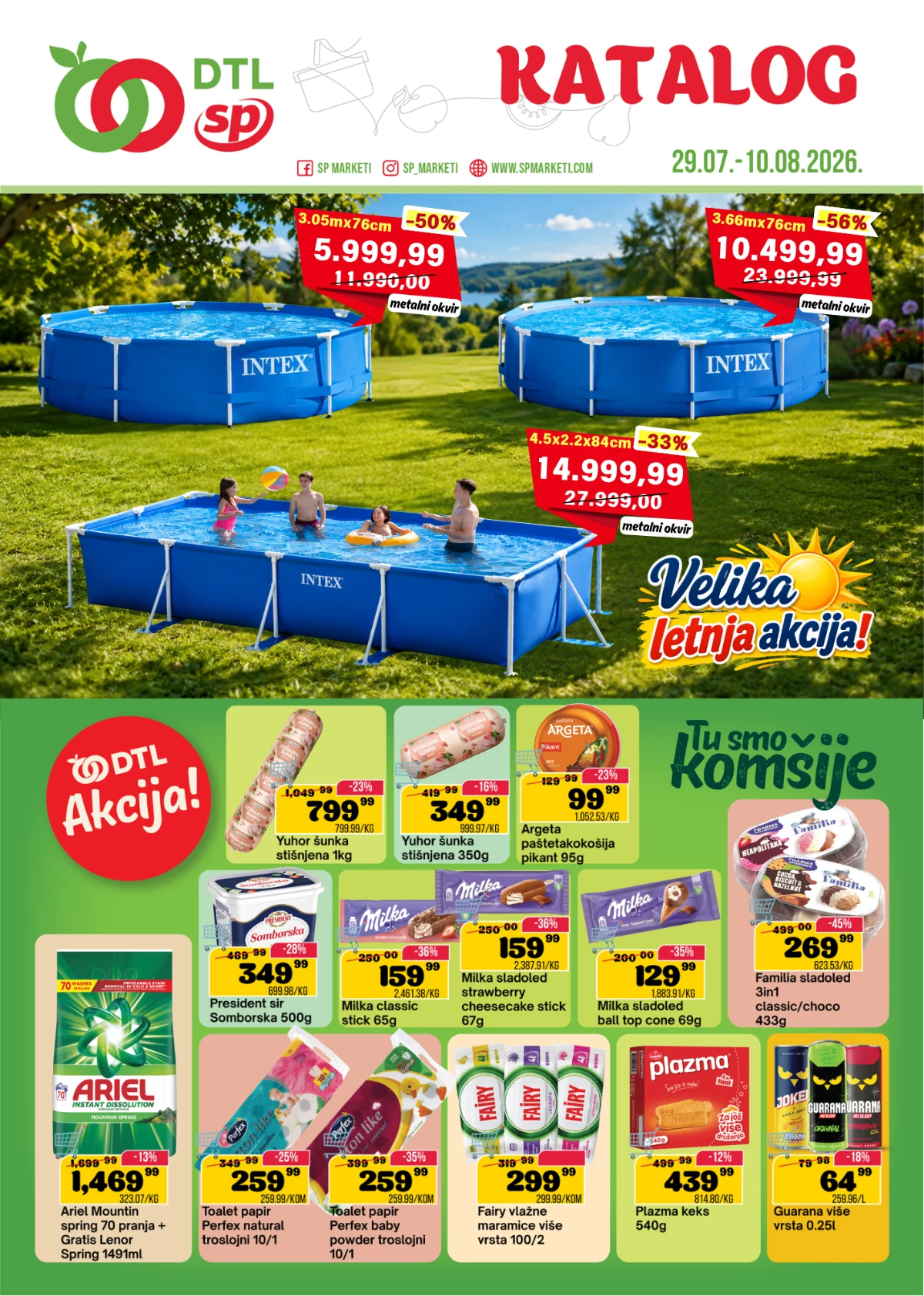 DTL SP Marketi katalog do 10.08.2026. – popusti do 56% na bazene, prehranu, mlečne proizvode, sladolede, kućnu hemiju i piće