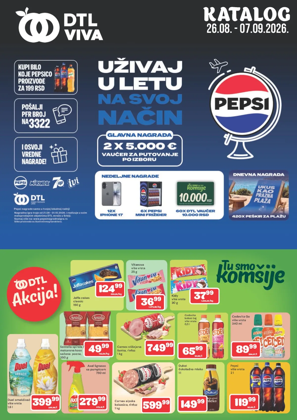 DTL Viva katalog od 26.08. do 07.09.2026. sa akcijskim cenama prehrane, pića, kućne hemije i nagradnom igrom za vredna putovanja