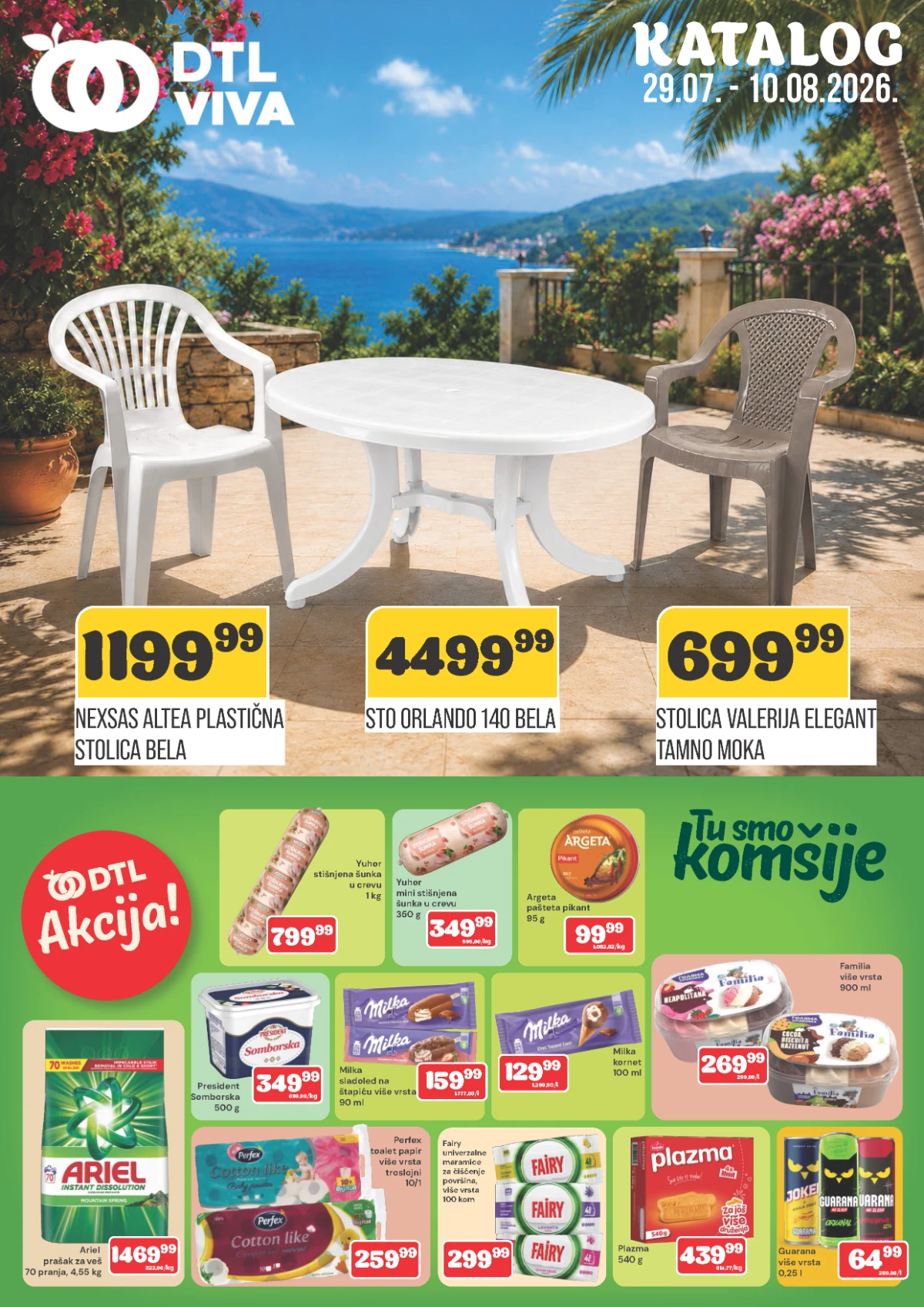 DTL Viva katalog od 29.07. do 10.08.2026. donosi akcijske cene baštenskog nameštaja, prehrambenih proizvoda, pića, mlečnih proizvoda i kućne hemije