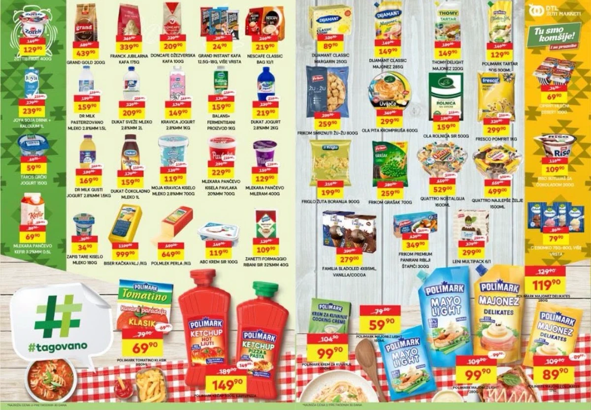 DTL Žuti Marketi akcija – prehrambeni proizvodi, mlečni program i zamrznuti proizvodi na sniženju