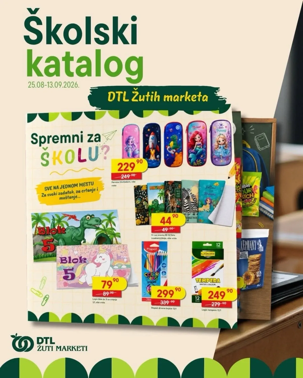 DTL Žuti Market školski katalog od 25.08. do 13.09.2026. – školski pribor, sveske, bojice i tempere na akciji