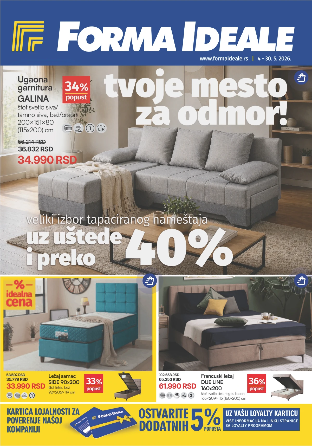 Forma Ideale katalog maj 2026 namestaj do 57 posto ugaone garniture 34990 lezajevi fotelje akcija do 30.05.2026