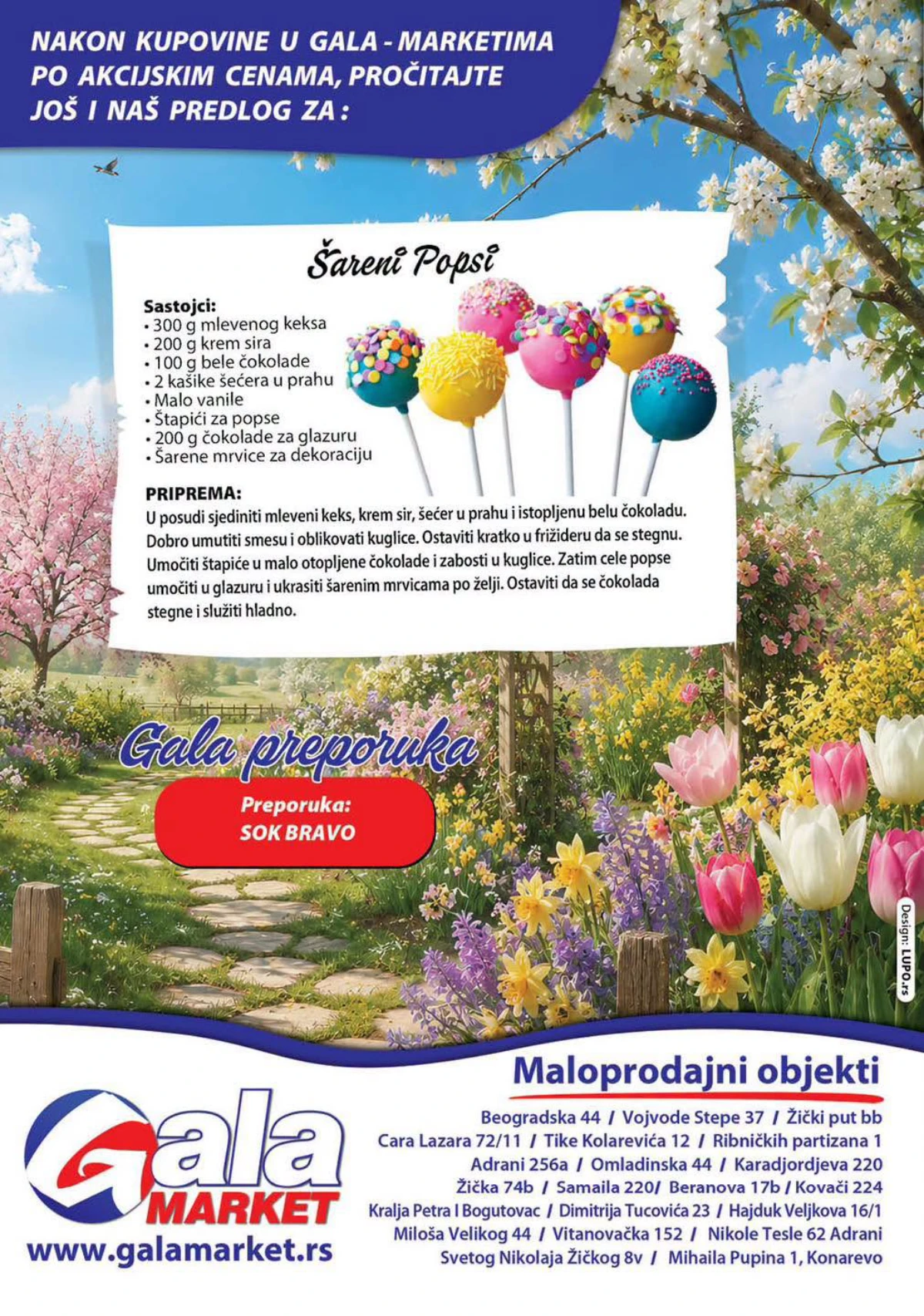 Gala Market katalog strana 8 – završna strana sa receptom i informacijama o prodajnim objektima