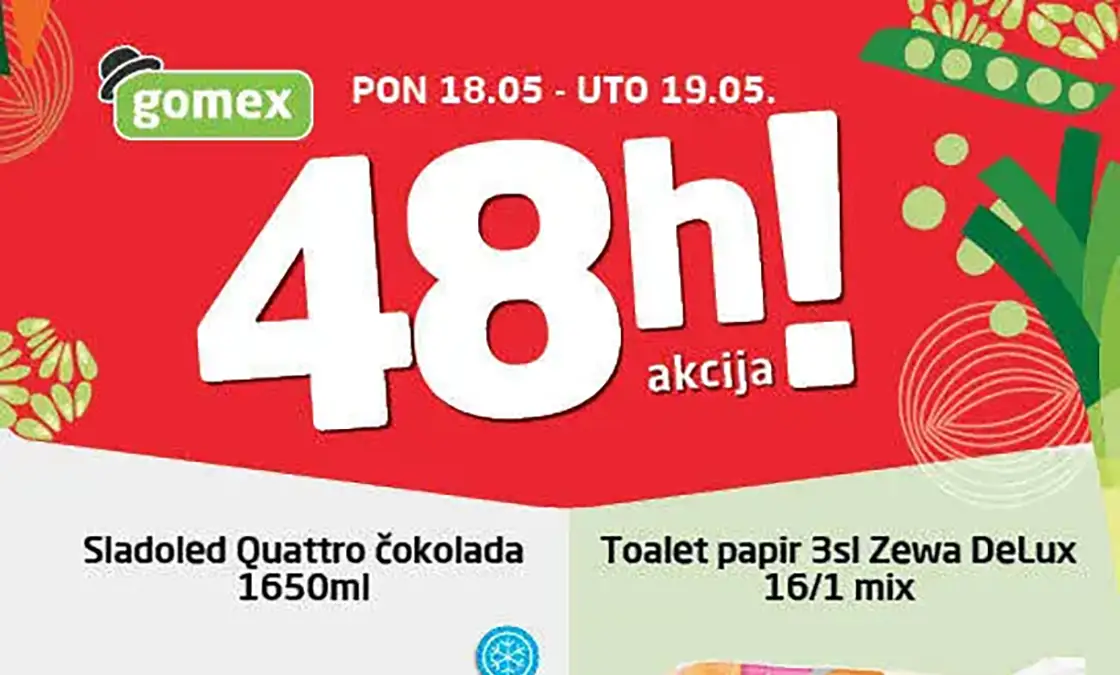 Gomex 48h akcija 18–19.05.2026 Zewa Deluxe 16/1 snižena 54 posto i Quattro sladoled 499,99 din