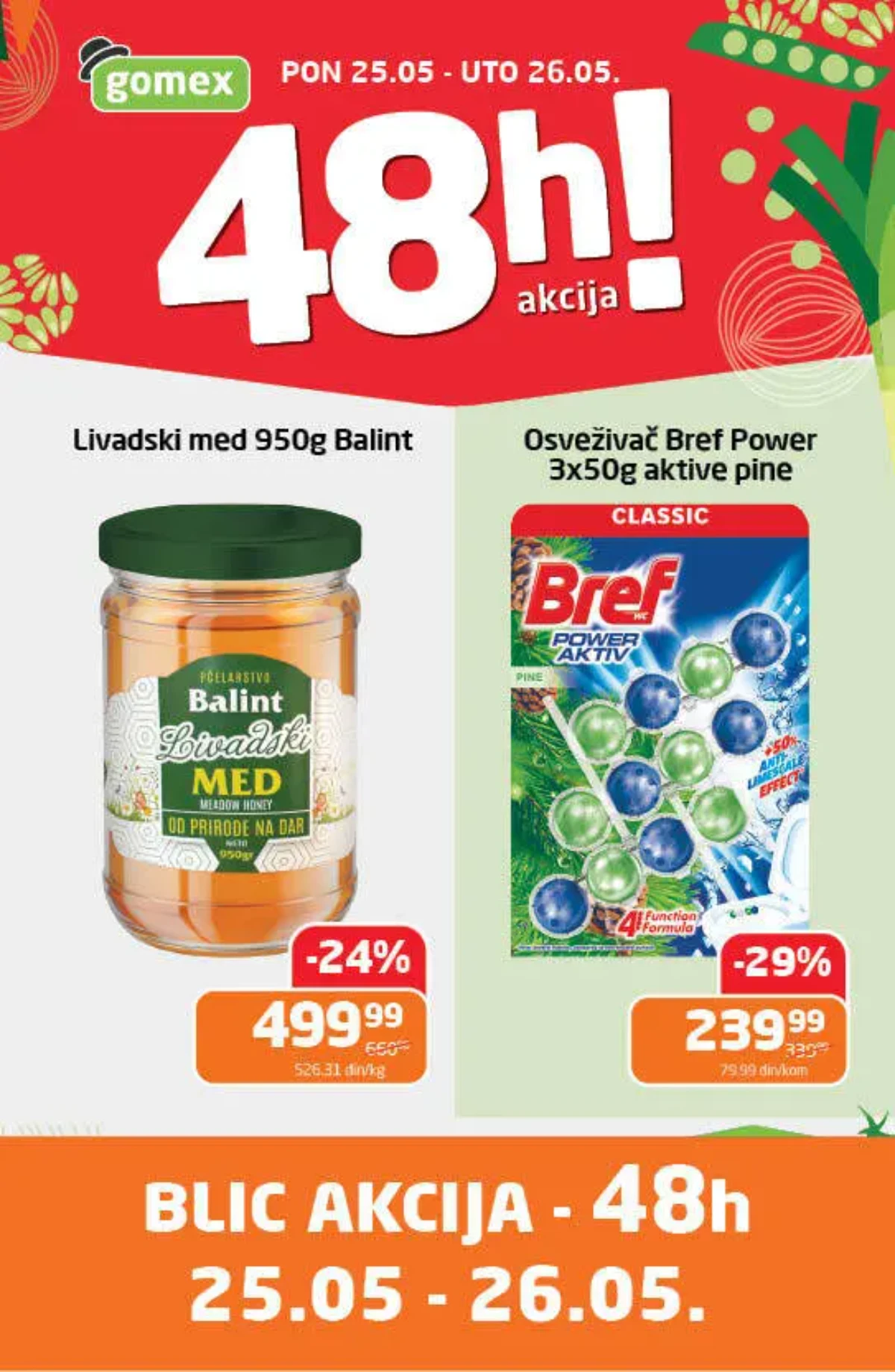 Gomex 48h akcija 25–26.05.2026 Balint livadski med i Bref Power Aktiv na sniženju