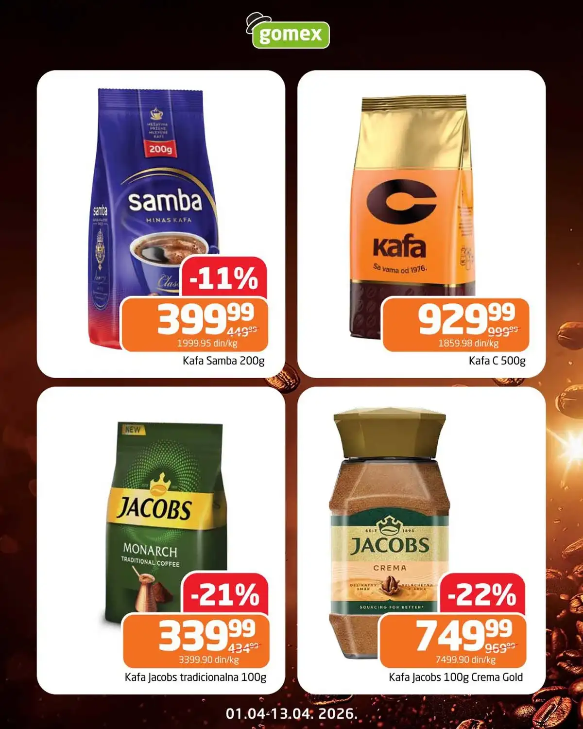 Gomex Dani kafe katalog – akcija do 22% strana 2 Gomex Dani kafe strana 2 – najtraženiji proizvodi na sniženju do 13.04.2026