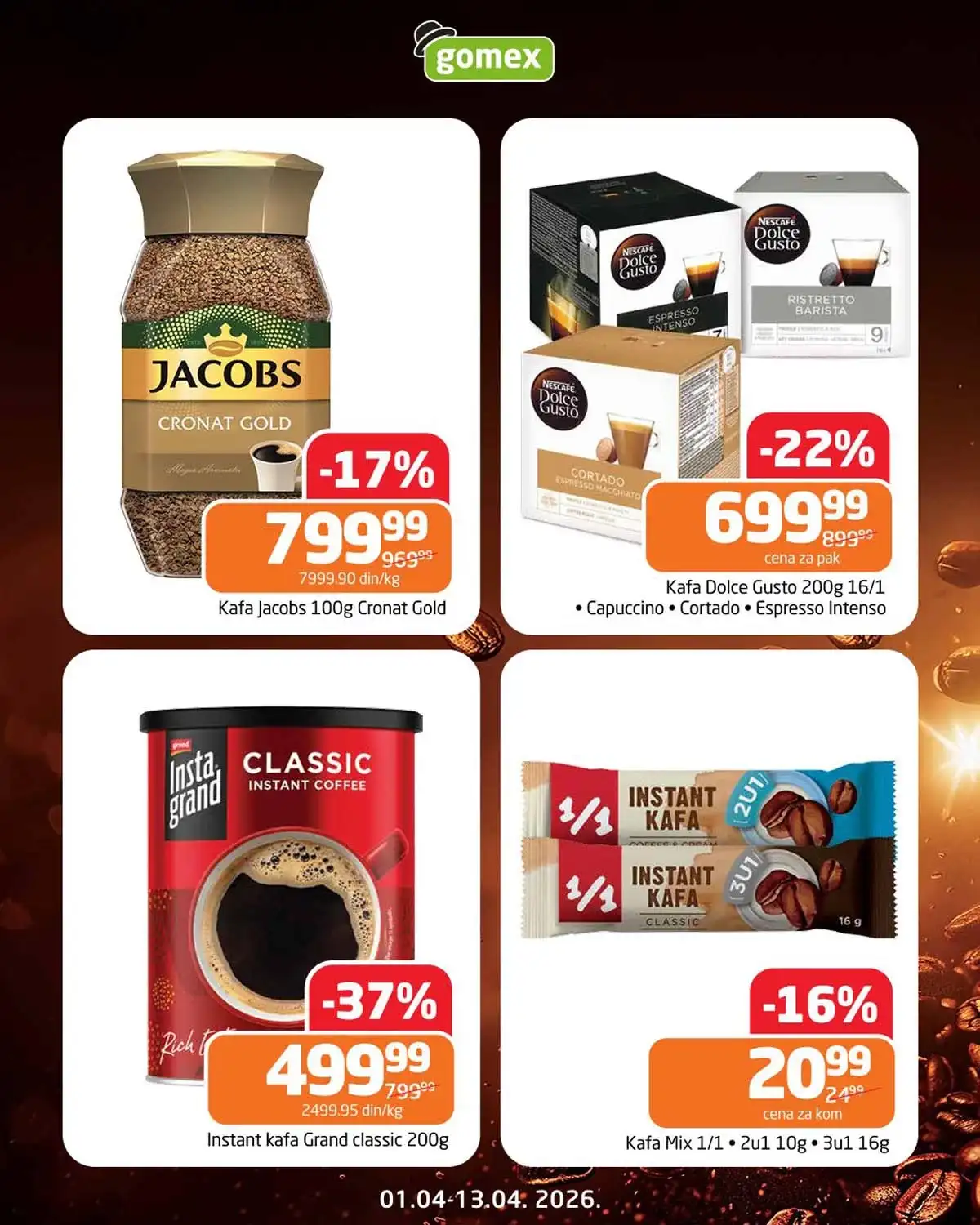 Gomex Dani kafe katalog – ponuda do 13.04.2026 strana 3 Gomex Dani kafe strana 3 – akcijske cene kafe i proizvoda do 22%