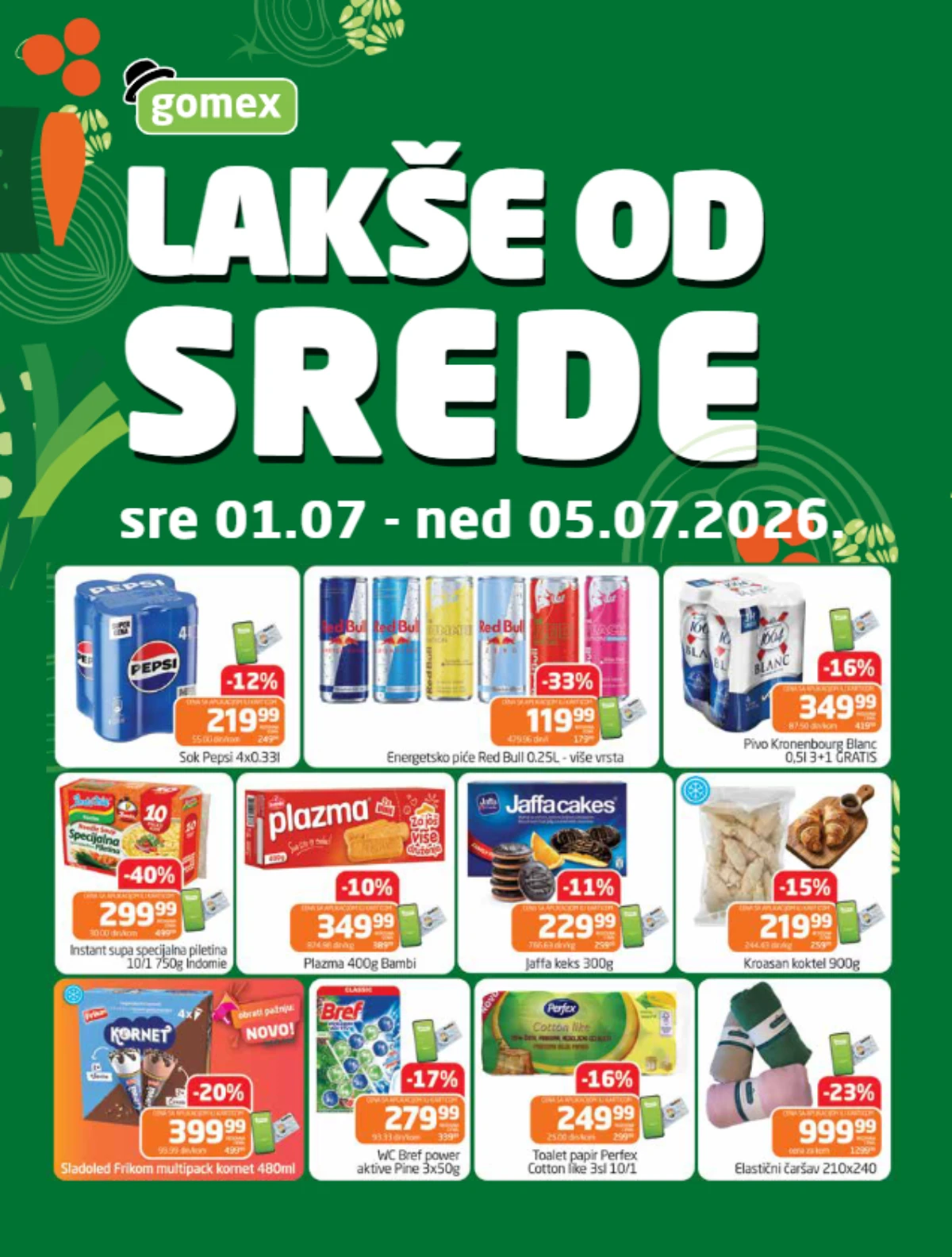 Gomex katalog Lakše od srede od 01.07. do 05.07.2026 – prehrana, pića i proizvodi za svakodnevnu kupovinu