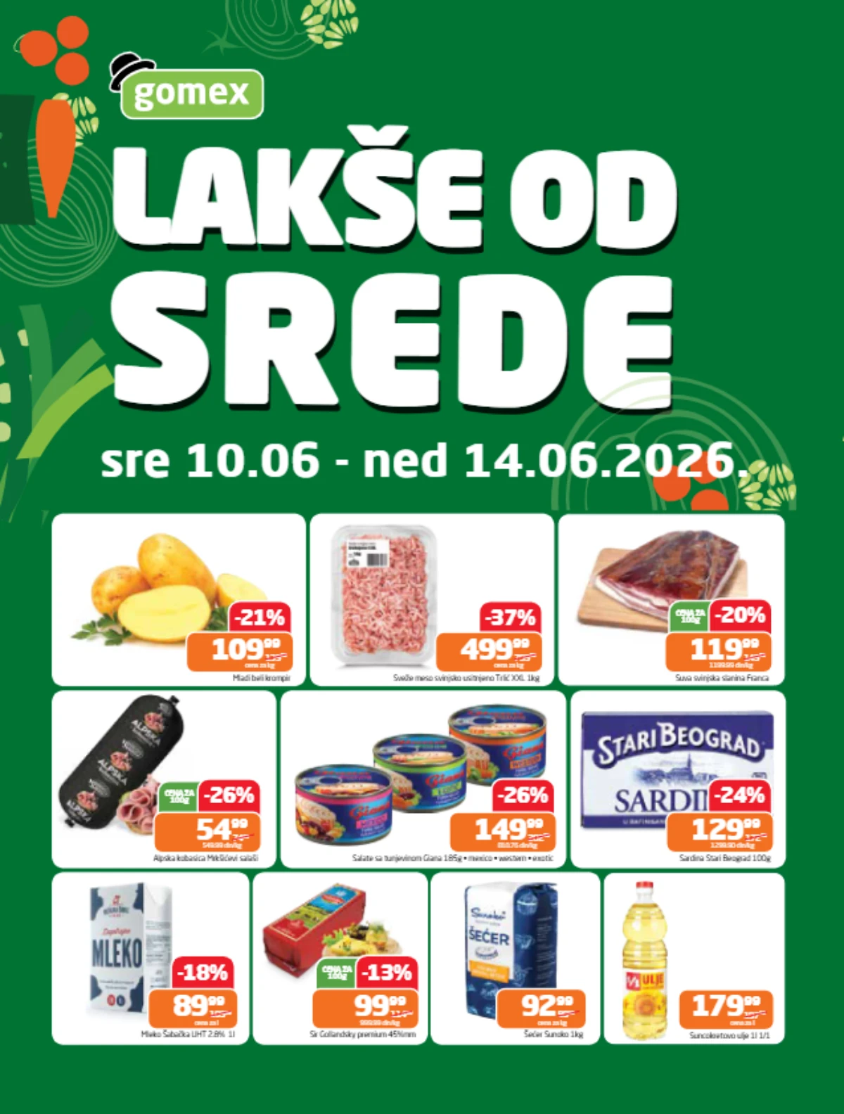 Gomex katalog Lakše od srede do 14.06.2026 – krompir, svinjsko meso, slanina, mleko, sir, šećer i ulje na akciji