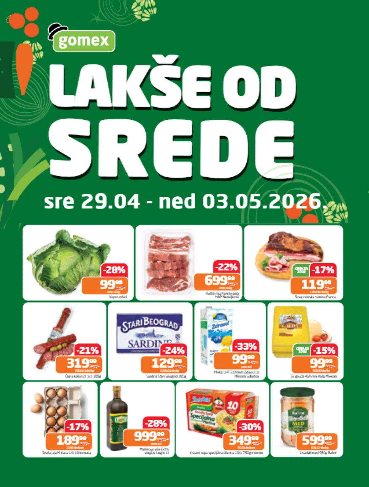 Gomex Lakše od srede katalog akcija do 03.05.2026 – kupus, meso, jaja i prehrambeni proizvodi na popustu
