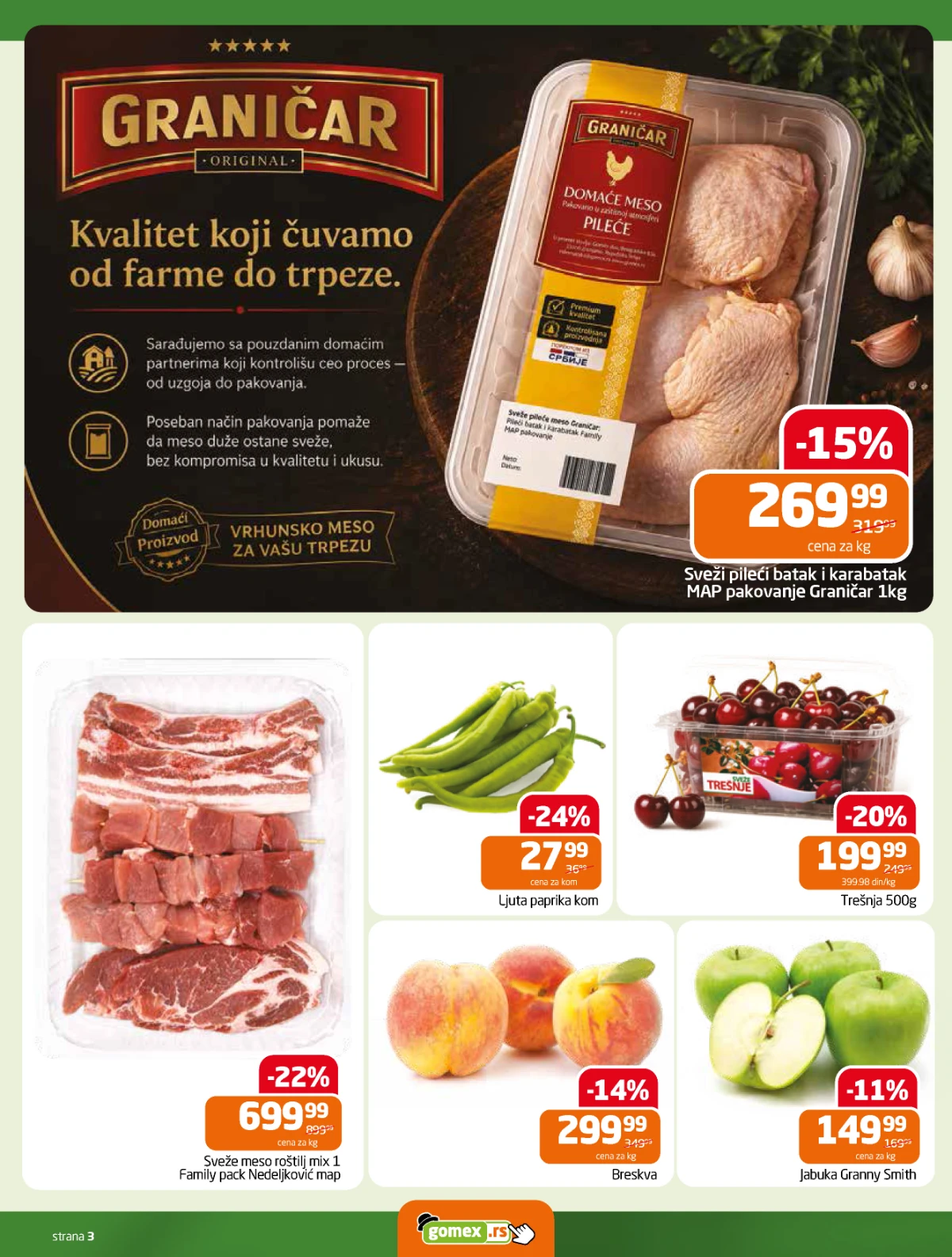 Gomex katalog strana 3 – pileći batak, roštilj meso, trešnje i breskve na akciji