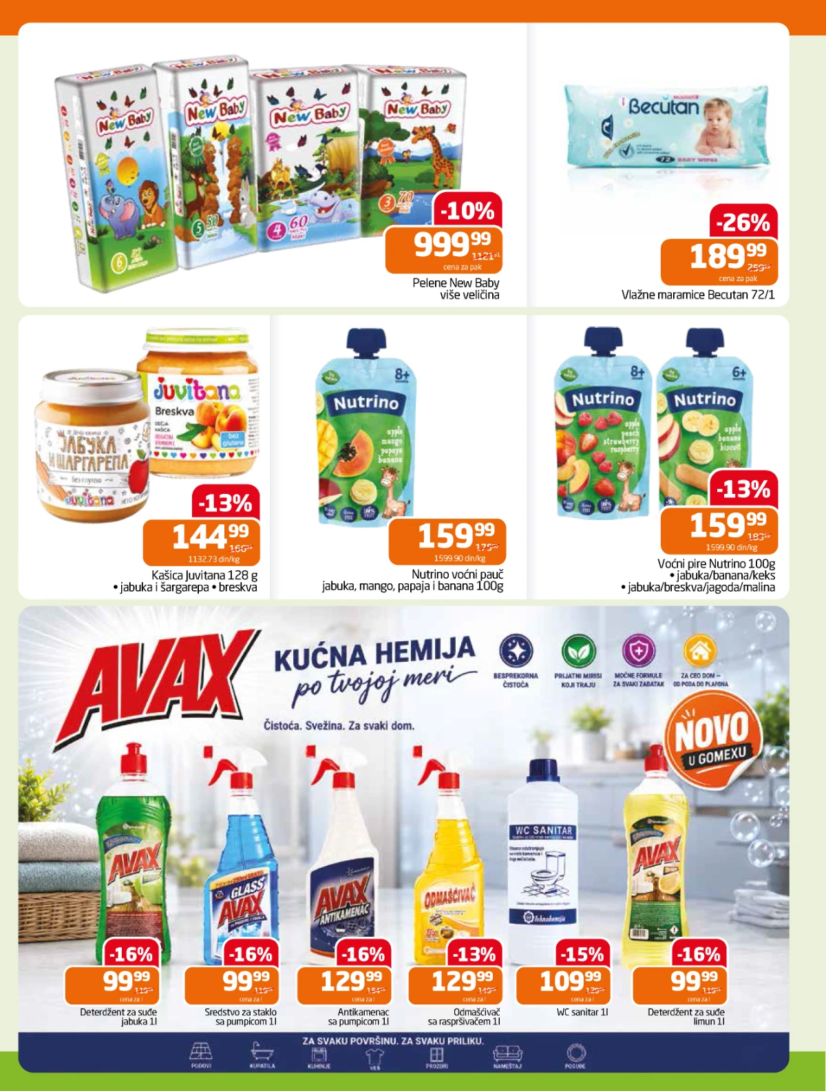 Gomex katalog strana 24 – New Baby pelene, Nutrino proizvodi i Avax kućna hemija