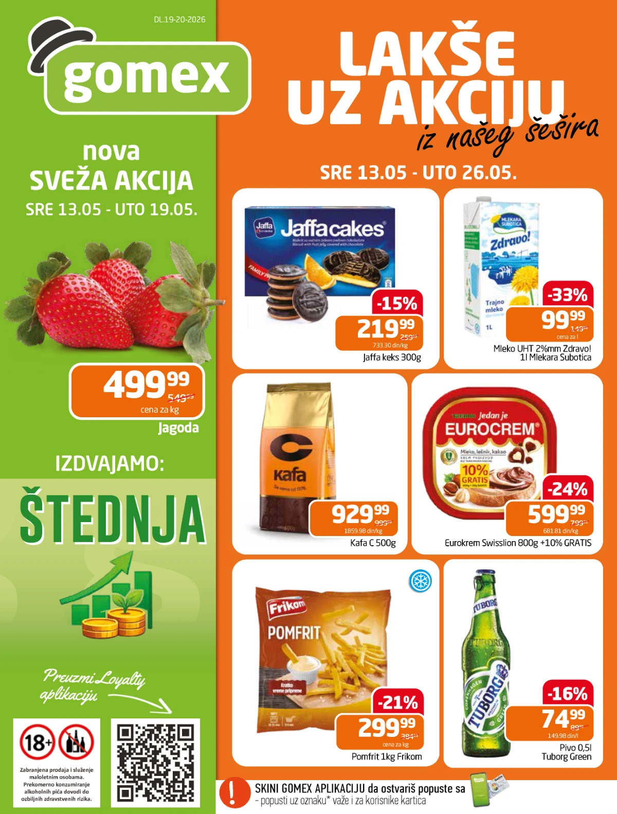 Gomex katalog akcija 13–26.05.2026 – velike uštede na svakodnevnoj kupovini Gomex akcija maj 2026 – Eurokrem, kafa, suhomesnato i mlečni proizvodi do 26.05.2026