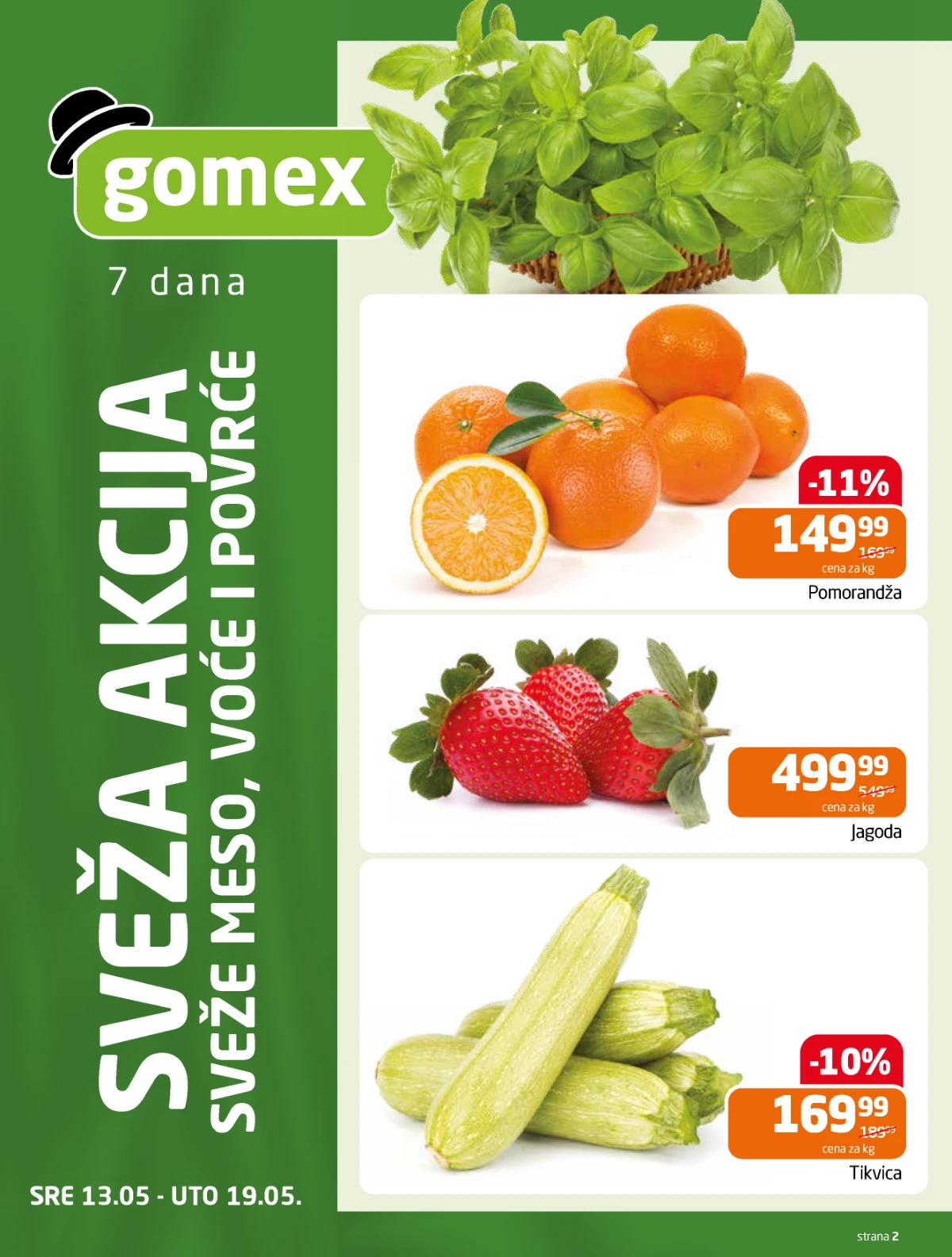 Gomex katalog strana 2 – sveže voće i povrće po akcijskim cenama Gomex akcija maj 2026 – voće i povrće na sniženju do 26.05.2026