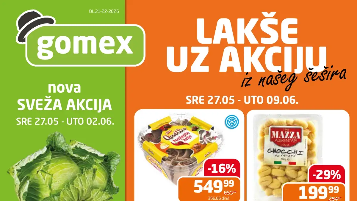 Gomex akcija do 50 posto 27.05–09.06.2026 – sveža ponuda, prehrana, piće i slatkiši po nižim cenama