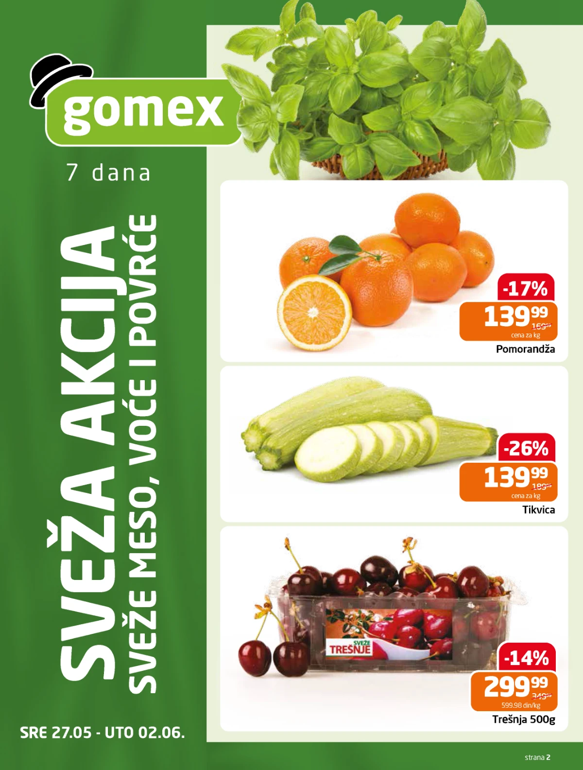 Gomex katalog strana 2 – sveže voće i povrće na akciji Gomex akcija 27.05–02.06.2026 – pomorandže, tikvice i trešnje po nižim cenama