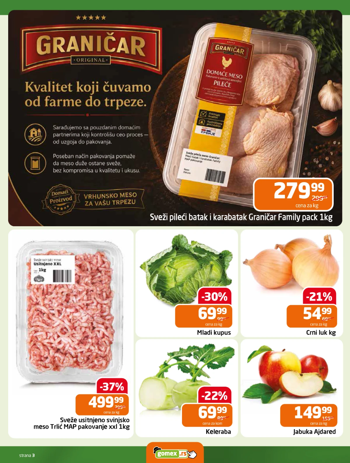 Gomex katalog strana 3 – meso i povrće po akcijskim cenama Gomex akcija 27.05–09.06.2026 – pileći batak, mleveno meso i povrće na sniženju