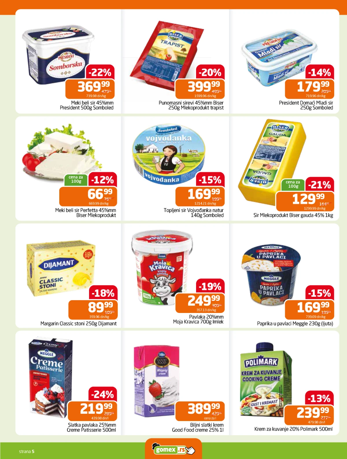 Gomex katalog strana 5 – sirevi i mlečni proizvodi Gomex akcija 27.05–09.06.2026 – sirevi, pavlake i margarin na sniženju