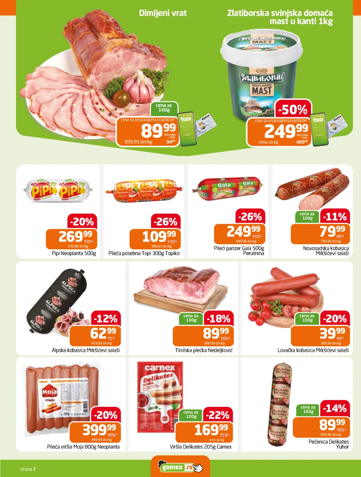 Gomex katalog strana 7 – delikates proizvodi i suhomesnato Gomex akcija 27.05–09.06.2026 – dimljeni vrat i kobasice po nižim cenama