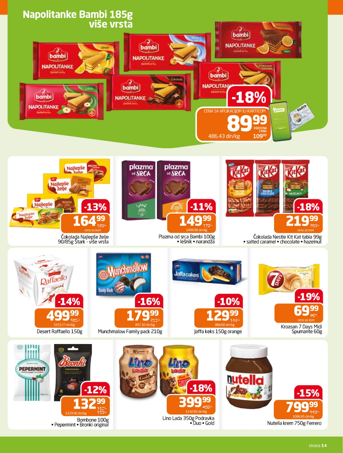 Gomex katalog strana 14 – slatkiši i čokolade na akciji Gomex akcija 27.05–09.06.2026 – napolitanke, Nutella i čokolade