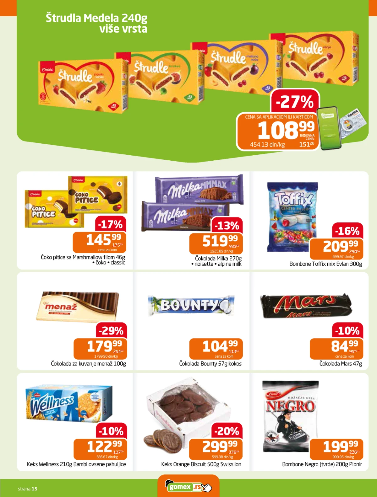 Gomex katalog strana 15 – čokolade i slatki program Gomex akcija 27.05–09.06.2026 – Milka, Toffix i Medela štrudle