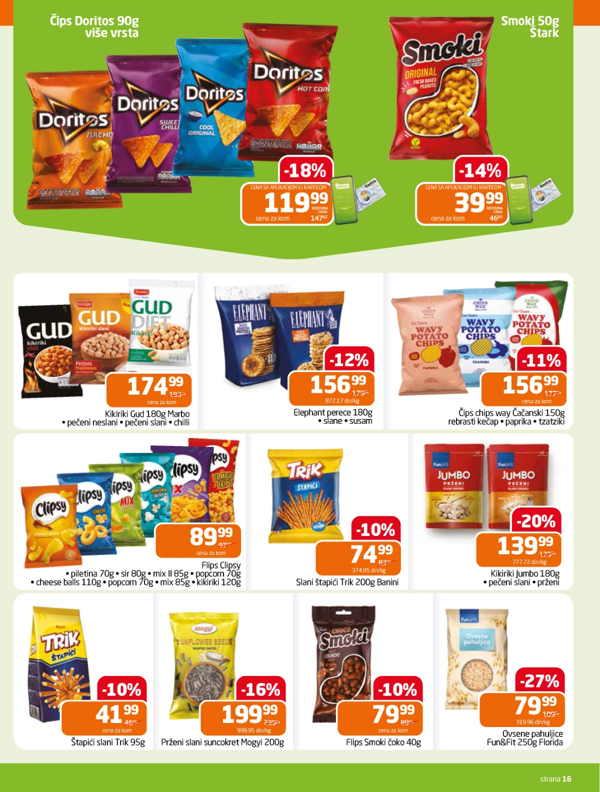 Gomex katalog strana 16 – grickalice i semenke Gomex akcija 27.05–09.06.2026 – Doritos, Smoki i grickalice po nižim cenama