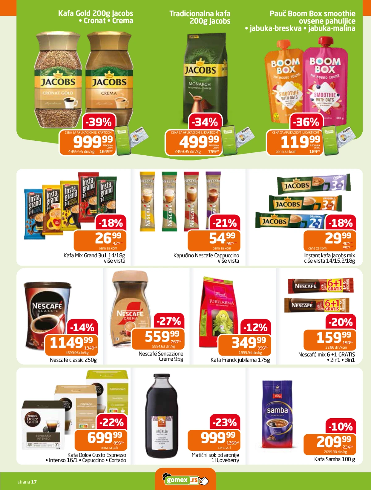 Gomex katalog strana 17 – kafa i topli napici na akciji Gomex akcija 27.05–09.06.2026 – Jacobs kafa, Nescafe i instant napici
