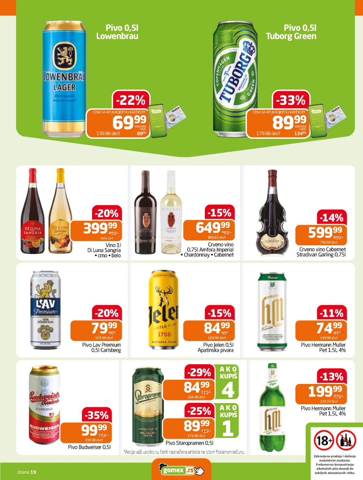 Gomex katalog strana 19 – pivo i alkohol na akciji Gomex akcija 27.05–09.06.2026 – pivo, vino i alkoholna pića