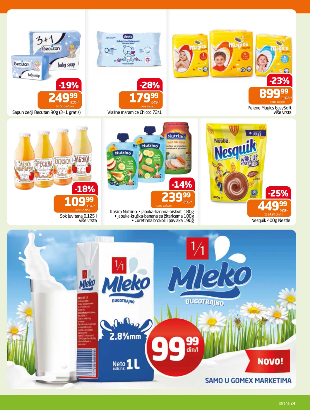 Gomex katalog strana 24 – pelene, kašice i dečiji proizvodi Gomex akcija 27.05–09.06.2026 – proizvodi za bebe, decu i mleko