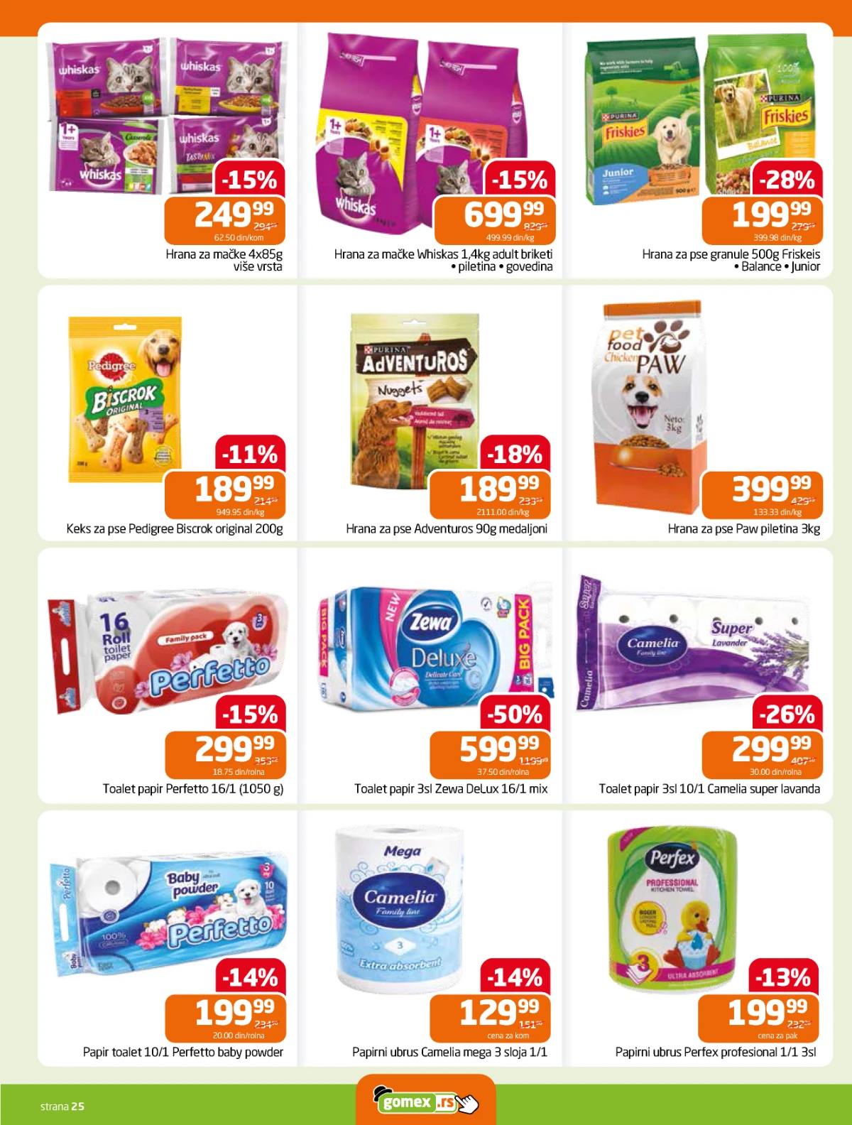 Gomex katalog strana 25 – pet food i higijenski proizvodi Gomex akcija 27.05–09.06.2026 – hrana za ljubimce i papirna galanterija