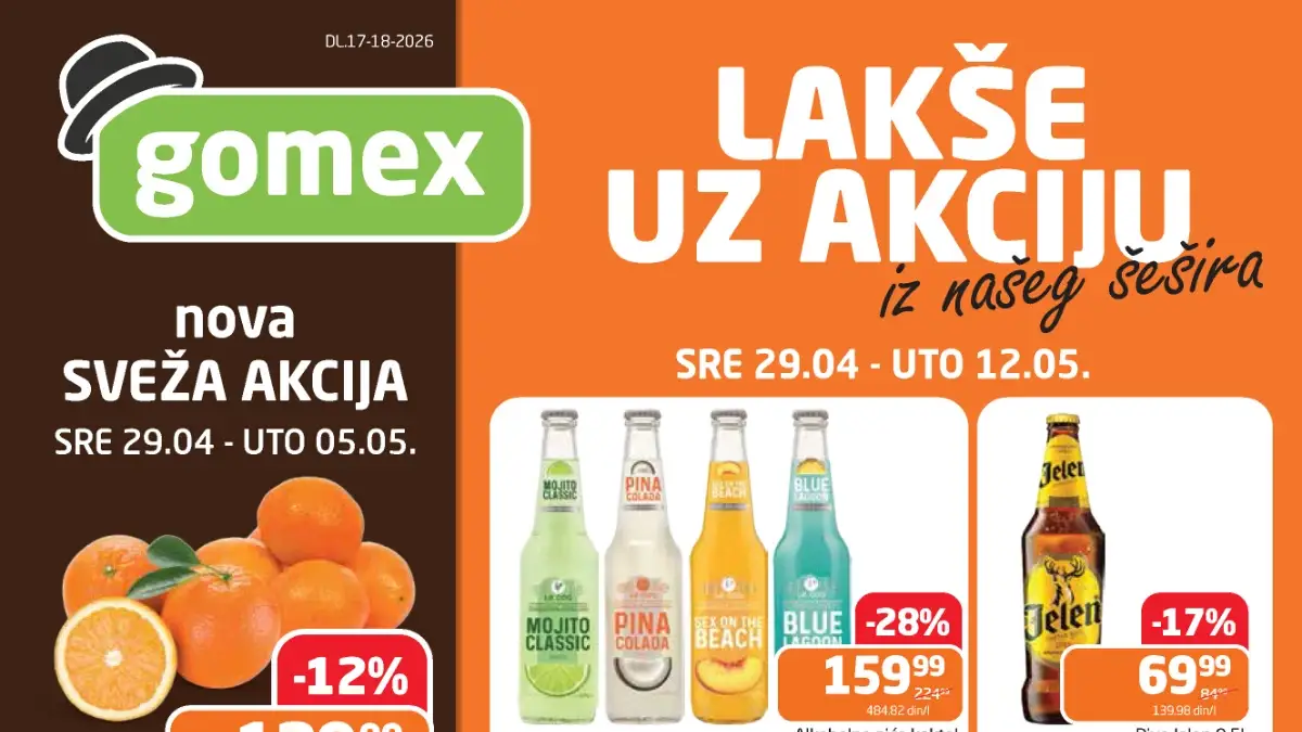 Gomex akcija Lakše uz akciju katalog sniženja do 12.05.2026 pomorandže kajmak ćevapi i piće na popustu
