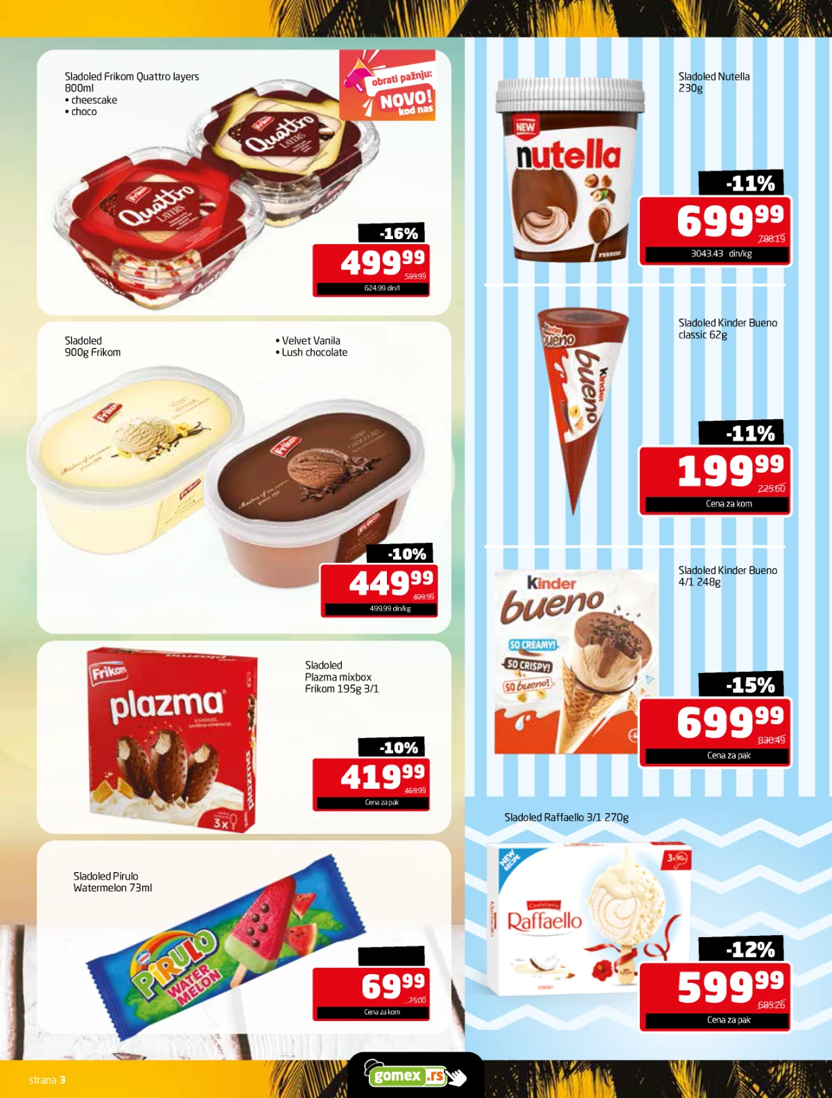 Gomex Letnje osveženje katalog strana 3 – Quattro, Nutella, Kinder Bueno i Raffaello sladoledi