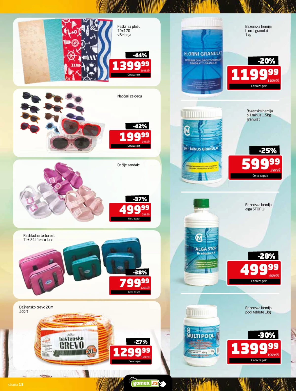 Gomex Letnje osveženje katalog strana 13 – peškiri za plažu, naočari, sandale, torbe i bazenska hemija