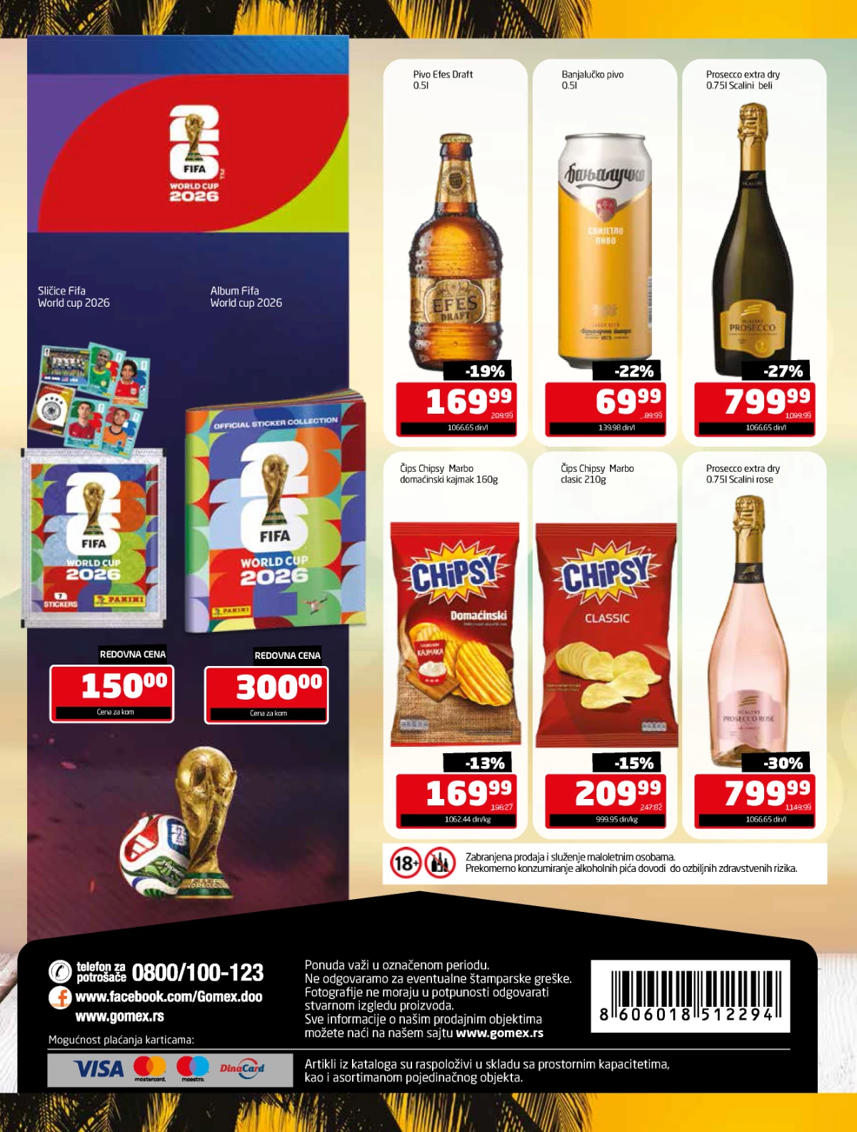 Gomex Letnje osveženje katalog strana 16 – FIFA 2026 album, pivo, Prosecco i Chipsy čips