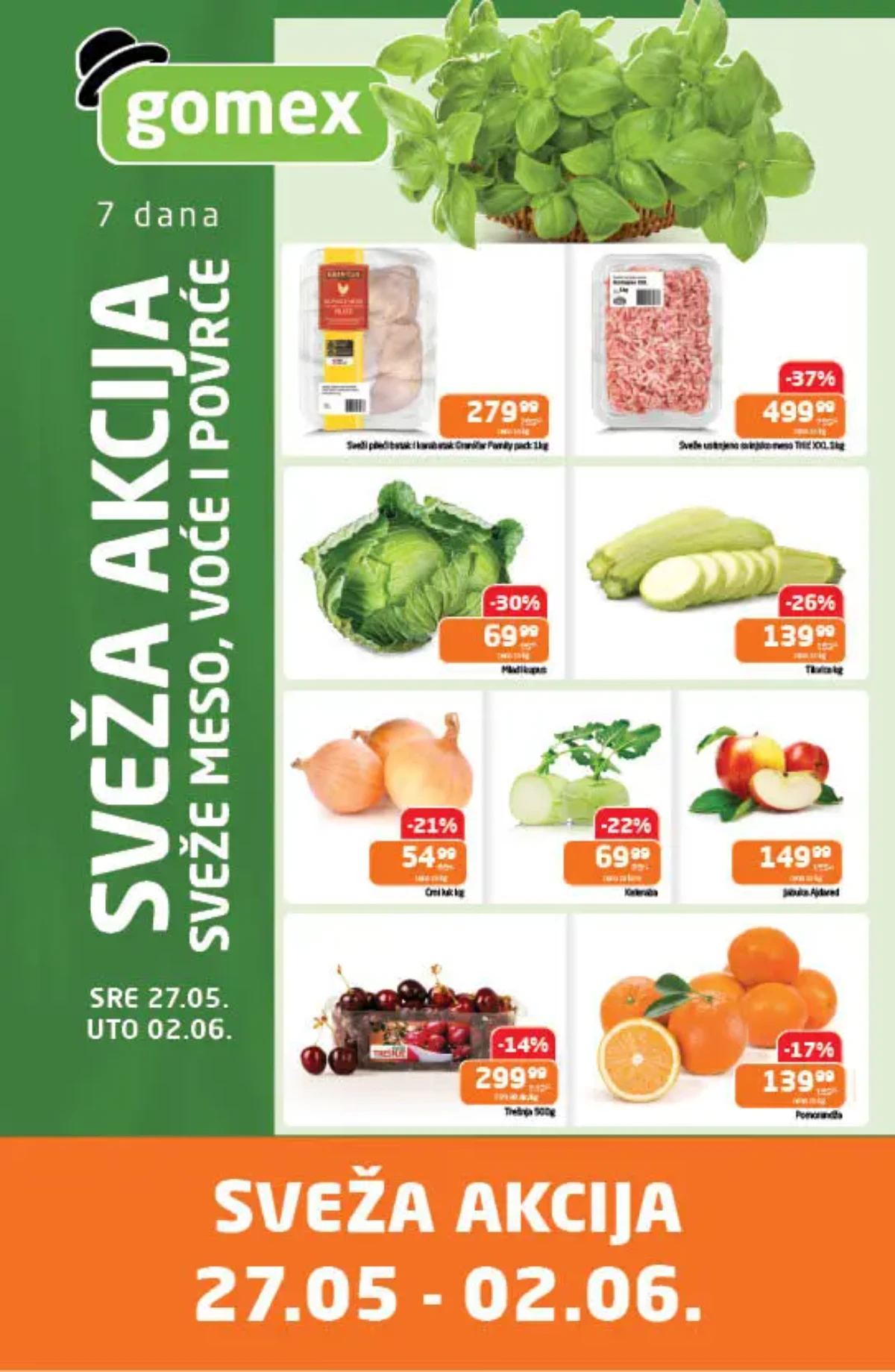 Gomex sveža akcija do 37% – mleveno meso, tikvice, kupus, luk, jabuke i pomorandže na sniženju do 02.06.2026