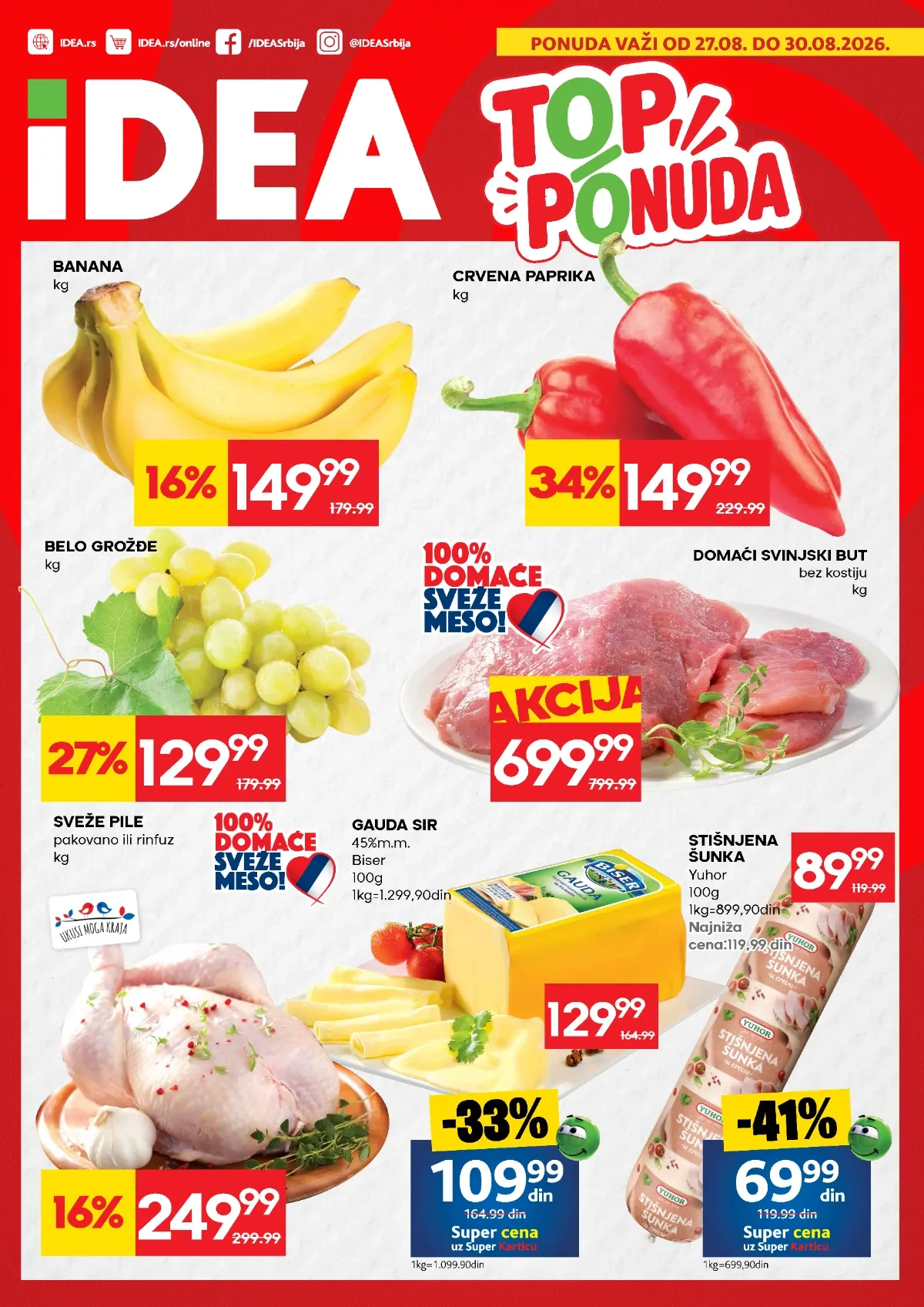 IDEA TOP ponuda od 27.08. do 30.08.2026. – meso, voće, povrće, sir i suhomesnati proizvodi uz sniženja do 41%
