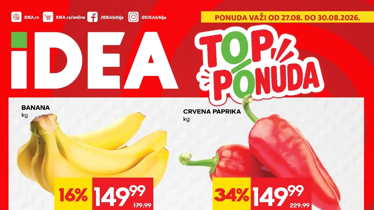 IDEA TOP ponuda od 27.08. do 30.08.2026. – sveže meso, voće, povrće, sirevi i drugi proizvodi uz sniženja do 43%