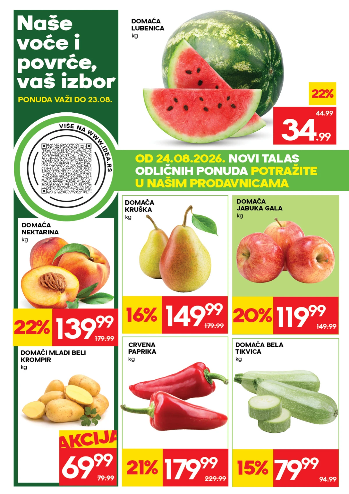 IDEA ponuda voća i povrća – lubenica 34,99 din, jabuka Gala 119,99 din i krompir 69,99 din