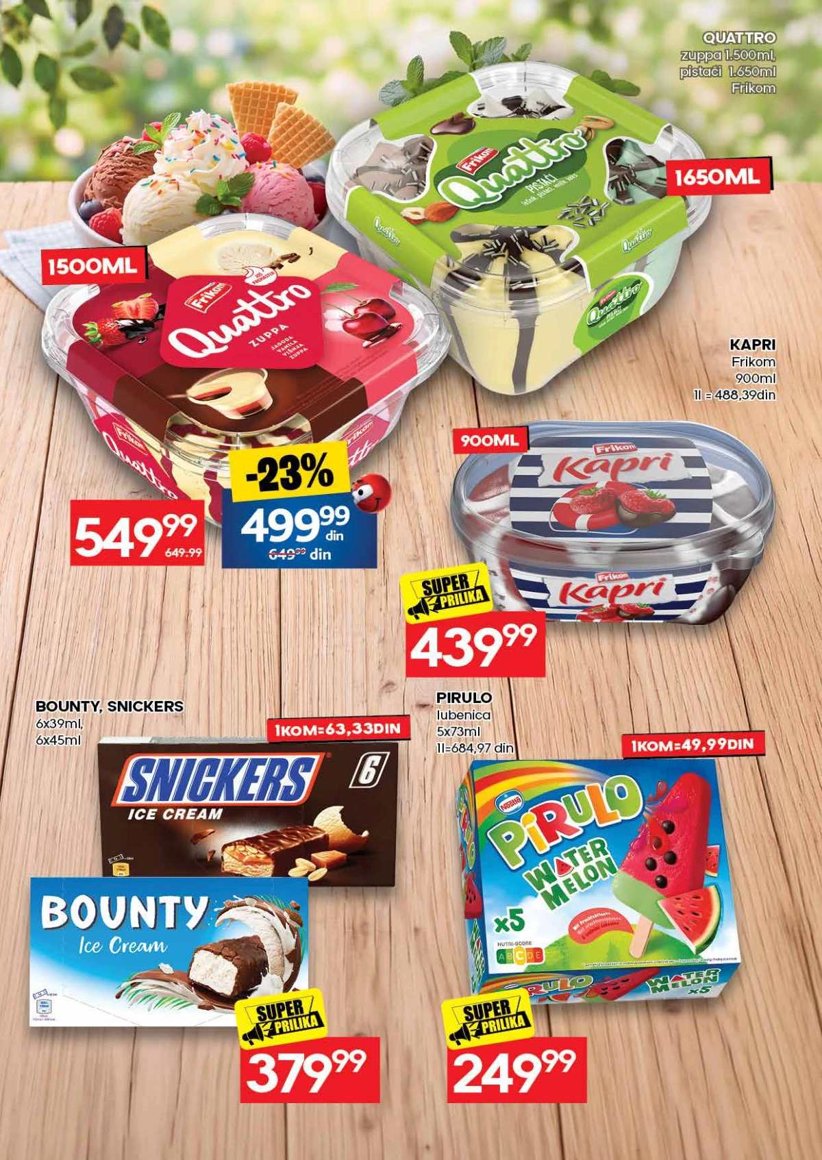 IDEA katalog – Frikom Quattro, Kapri, Bounty, Snickers i Pirulo sladoledi na akciji