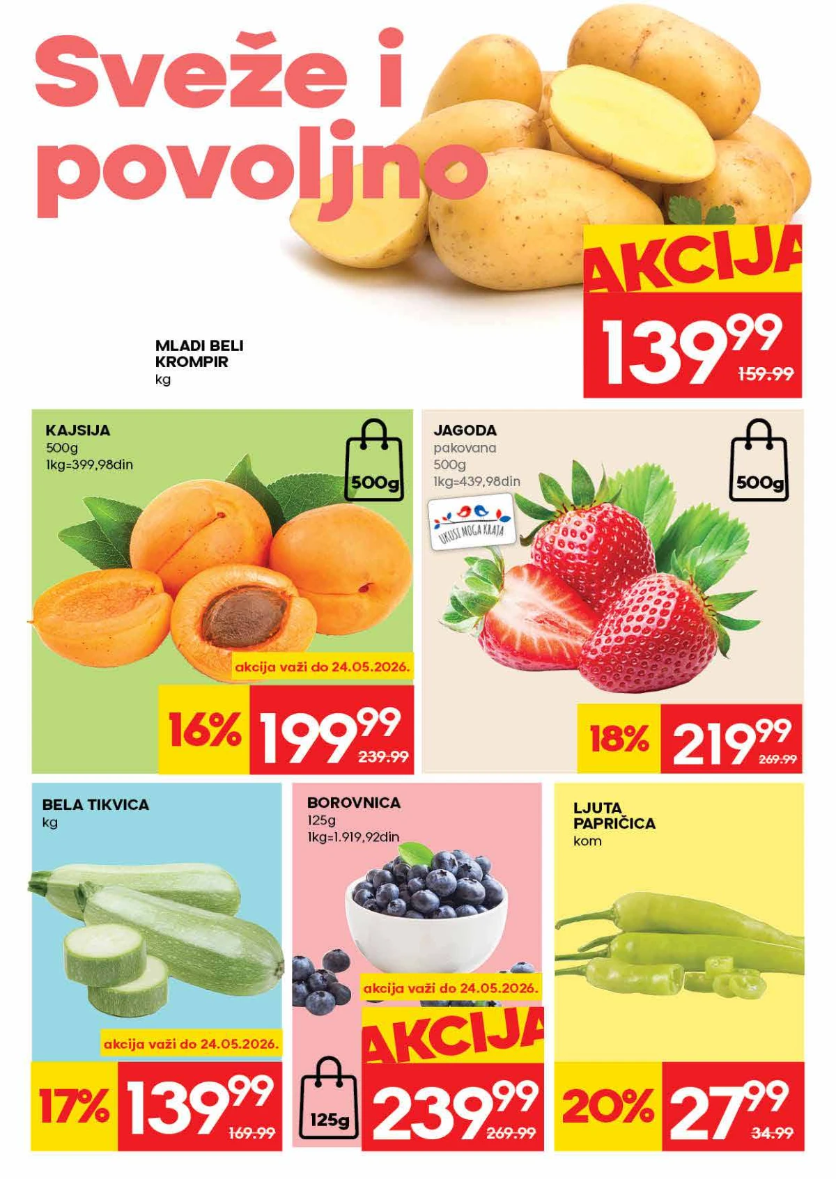 IDEA akcija 21–27.05.2026 – voće i povrće po TOP cenama IDEA katalog strana 2 – jagode, pomorandže i mladi krompir na sniženju