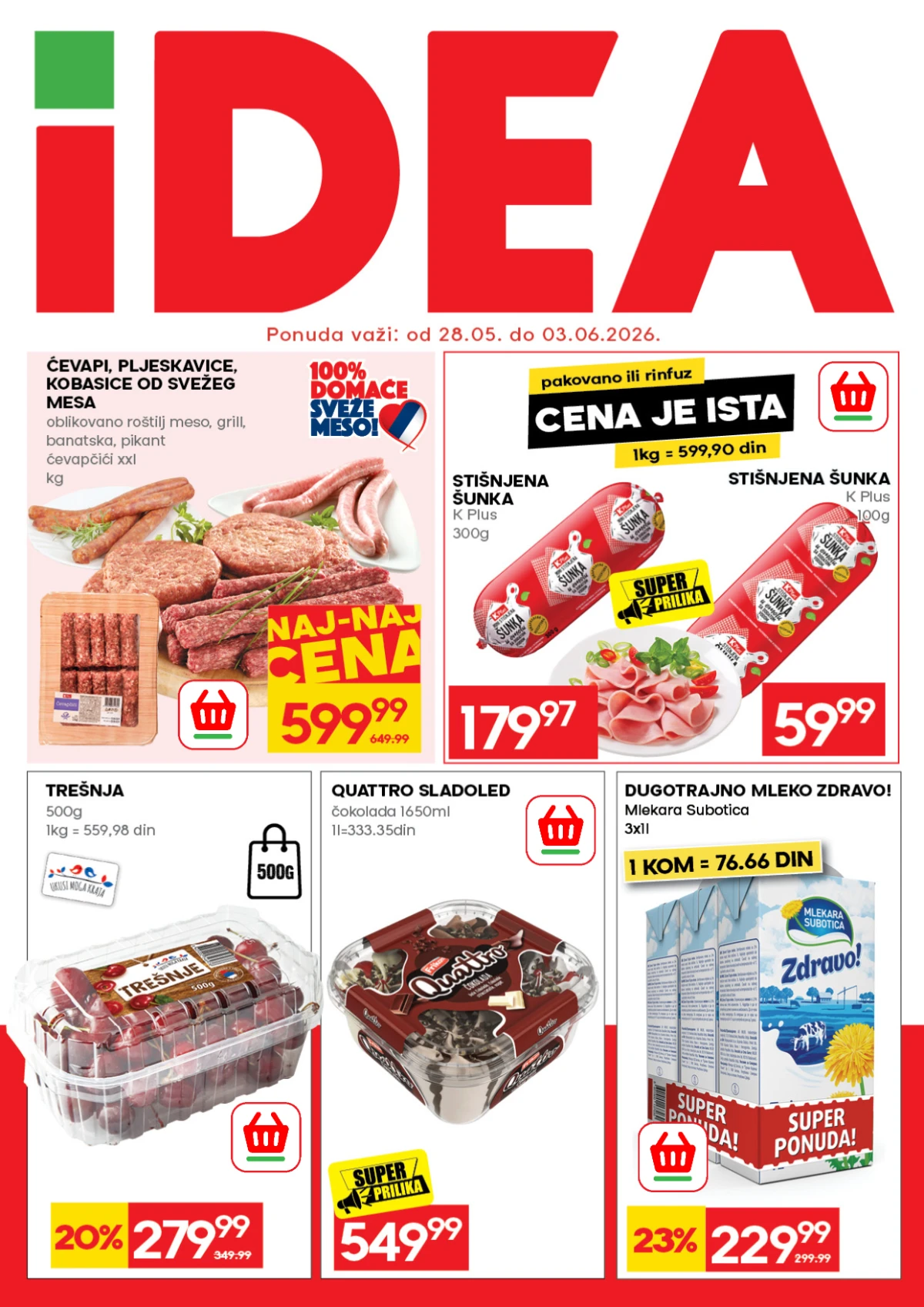 IDEA nedeljni katalog od 28.05. do 03.06.2026 – meso, šunka, trešnje, sladoled i mleko na akciji