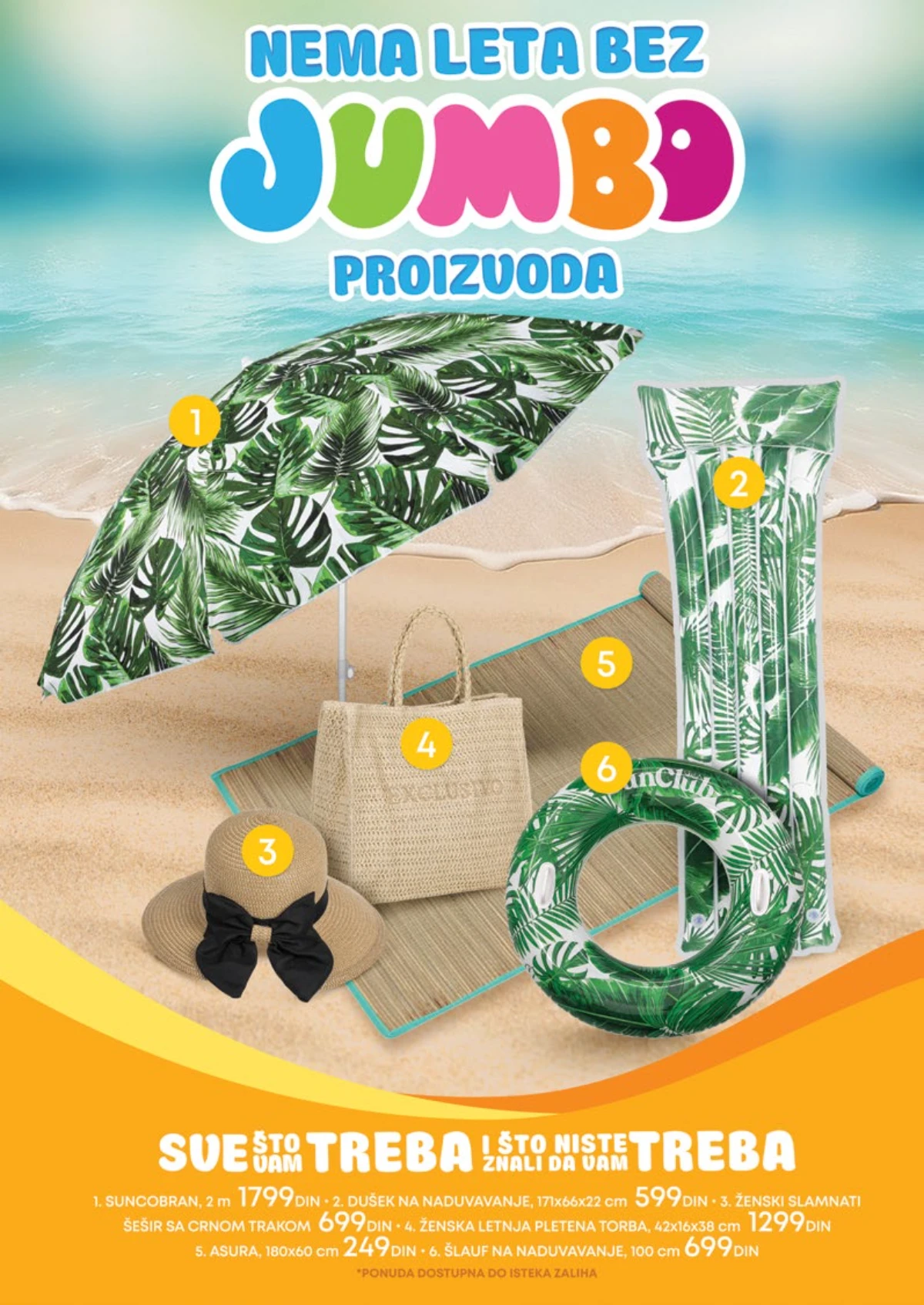 Jumbo leto 2026 – suncobran, dušek na naduvavanje, torba za plažu i letnji dodaci