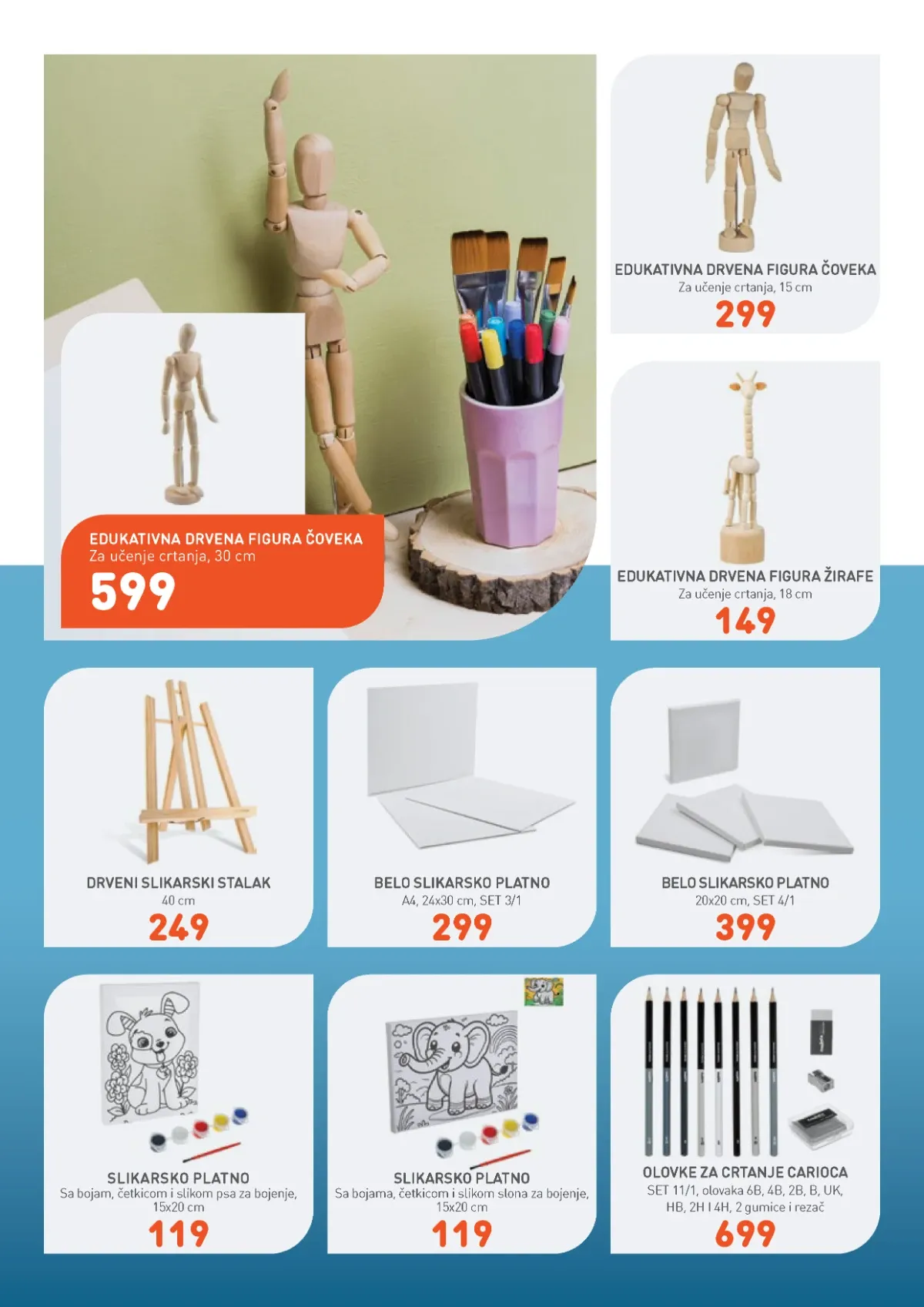 Jumbo Sve za školu katalog – slikarski stalci, platna, olovke i drvene figure za crtanje