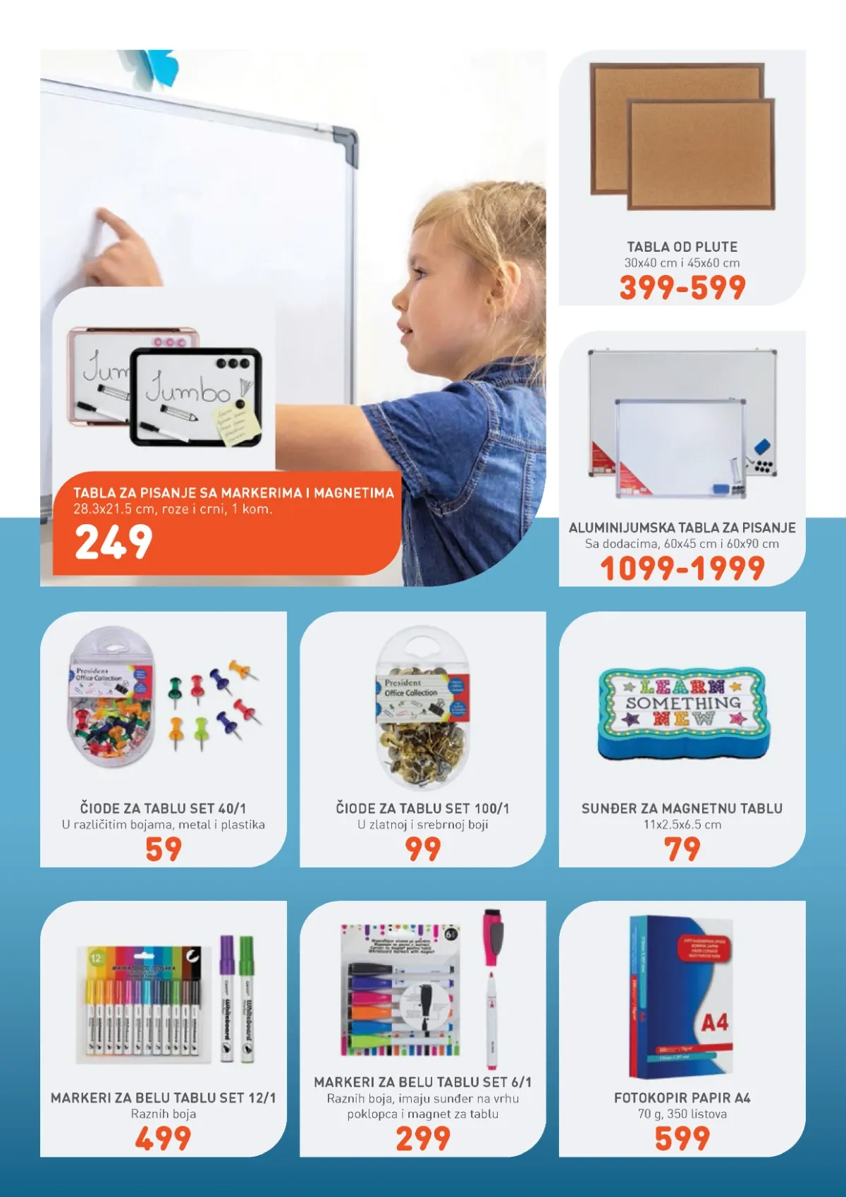 Jumbo Sve za školu katalog – table za pisanje, markeri, čiode i fotokopir papir
