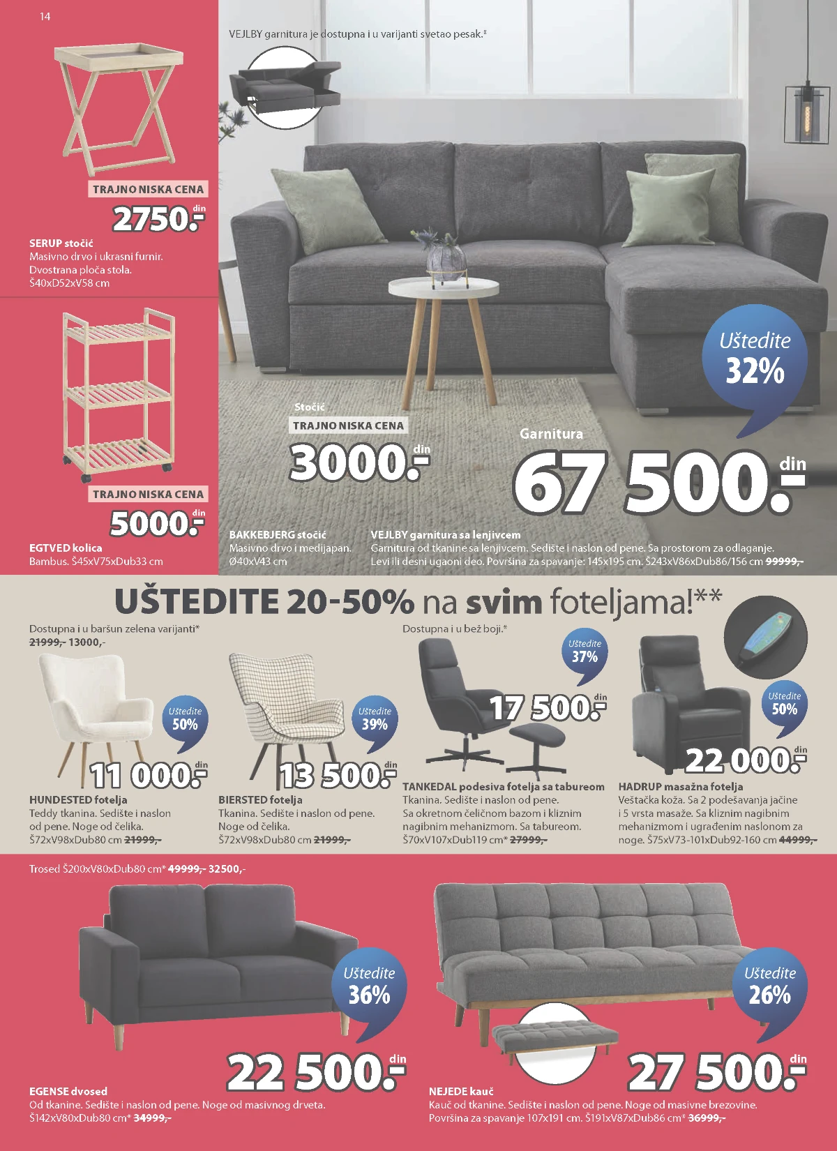 JYSK garniture fotelje sofe stočići i kolica do 50% popusta