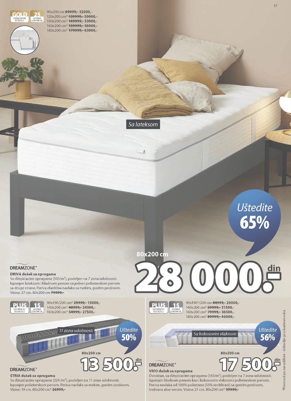 JYSK Dreamzone dušeci sa oprugama lateksom i kokosovim vlaknom