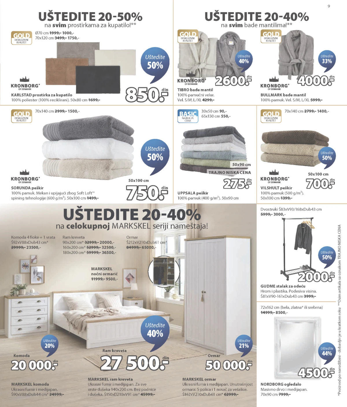 JYSK katalog strana 9 – peškiri, bade mantili i nameštaj za spavaću sobu