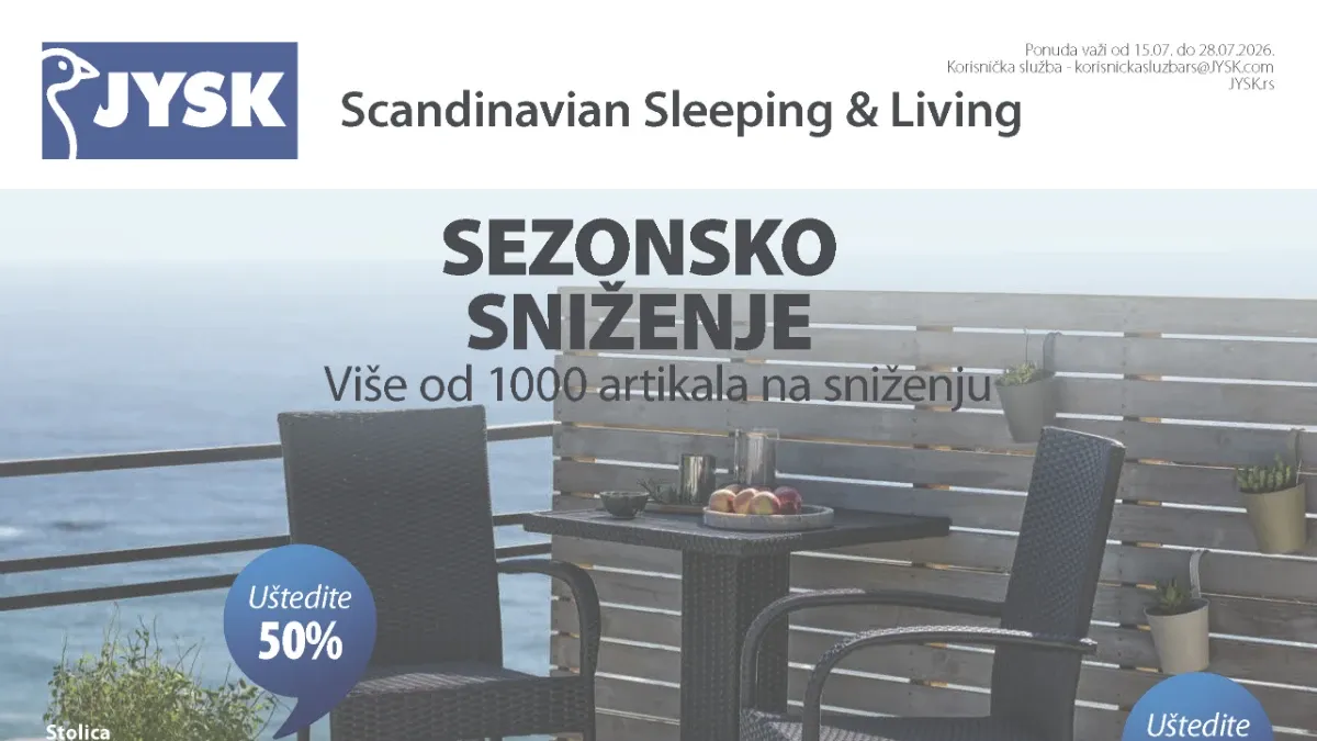 JYSK katalog donosi sezonsko sniženje do 65% na nameštaj, baštenski program, dušeke i opremu za dom do 21.07.2026.