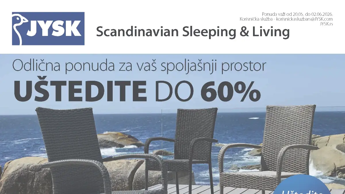 JYSK katalog akcija do 60% baštenski nameštaj dušeci jastuci dekoracija i ormari do 02.06.2026