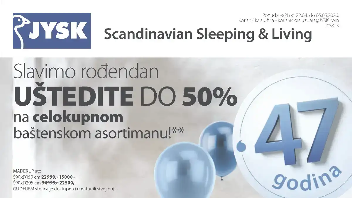 JYSK akcija do 50% baštenski nameštaj stolovi stolice ležaljke sniženja do 05.05.2026